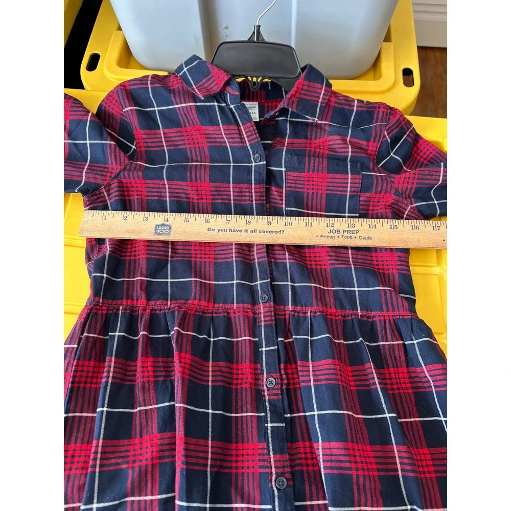 OshKosh Bgosh Girls Red Navy Plaid Button Down Shirt Dress Size‎ 14 14A Long Slv